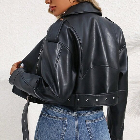 Black Casual Women's Zipper Short Jacket - Picture 2 of 6